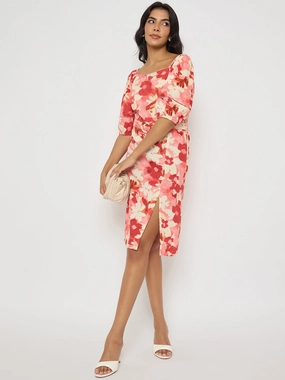 Perfect Waistband Madame Floral Print Ruched Bodycon Coral Dress