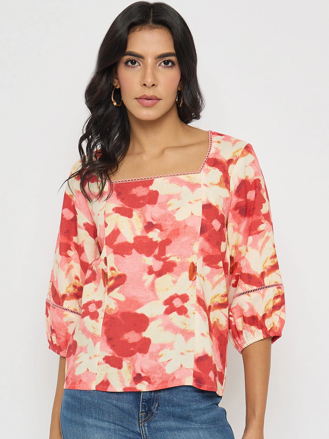 LightweightTexture Vintage Shirt Madame Floral Print Square Neck Coral Top