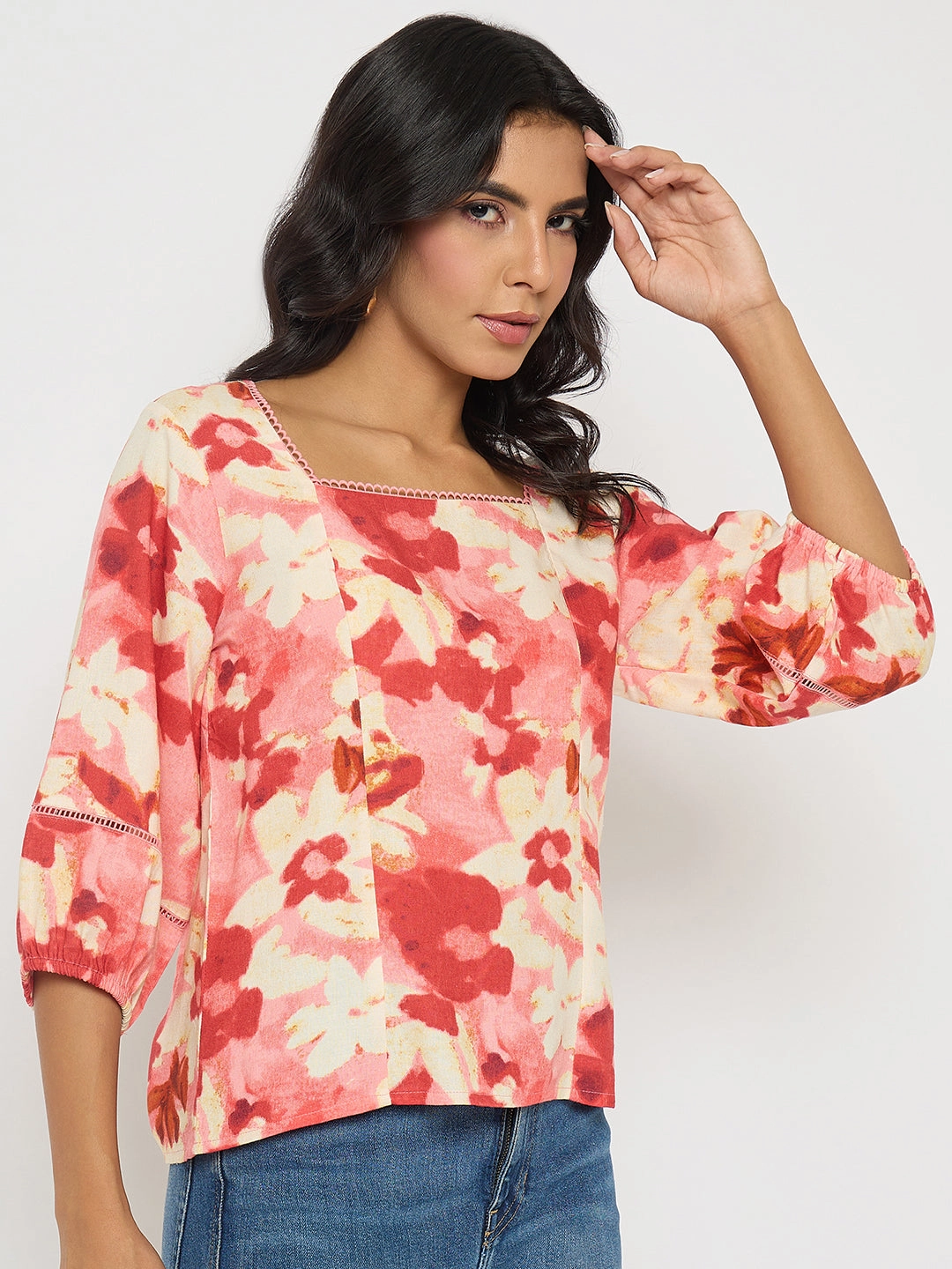 stain resistant coating Madame Floral Print Square Neck Coral Top