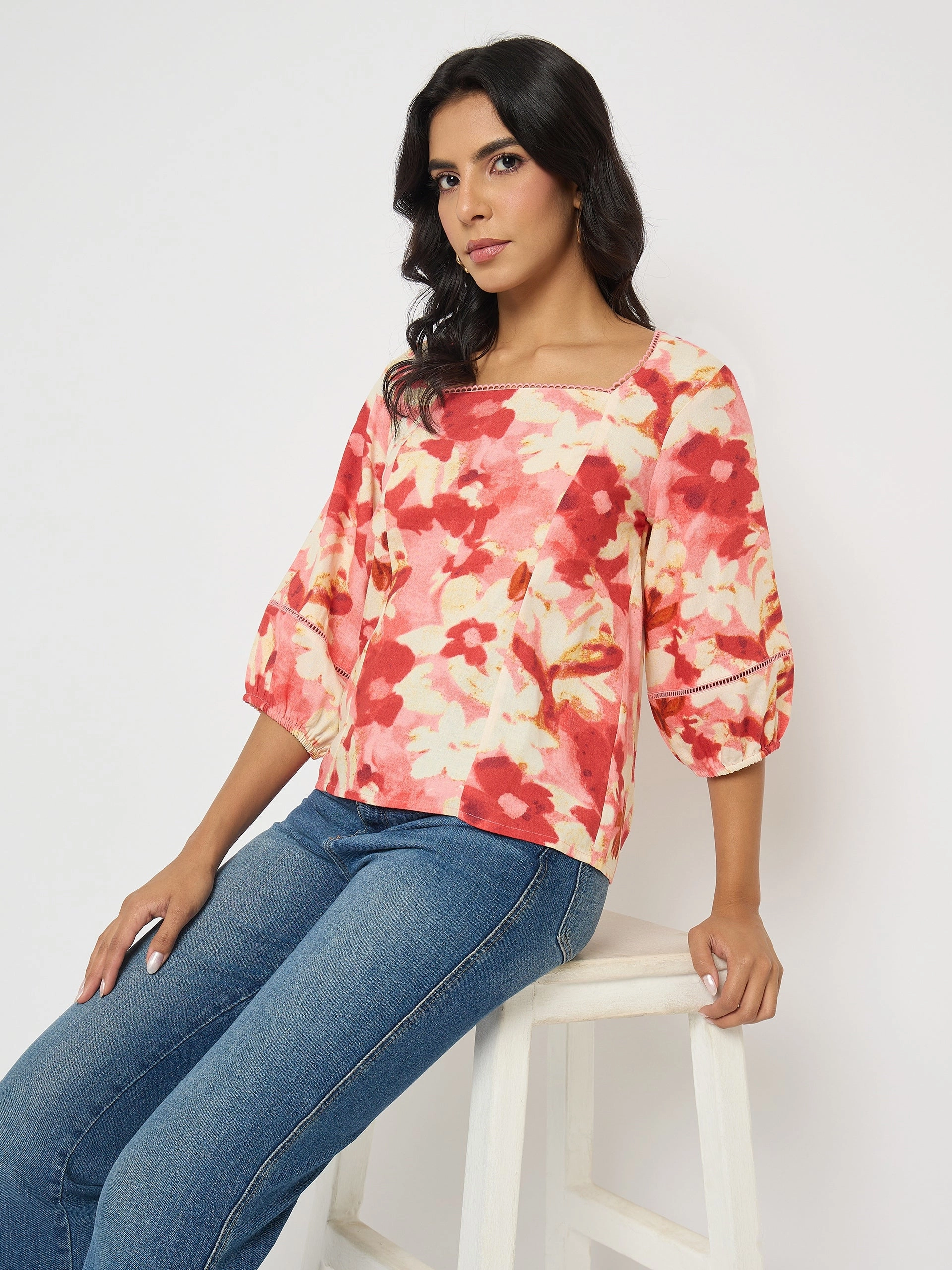 Knit Fabric Technology Sporty Hoodie Madame Floral Print Square Neck Coral Top