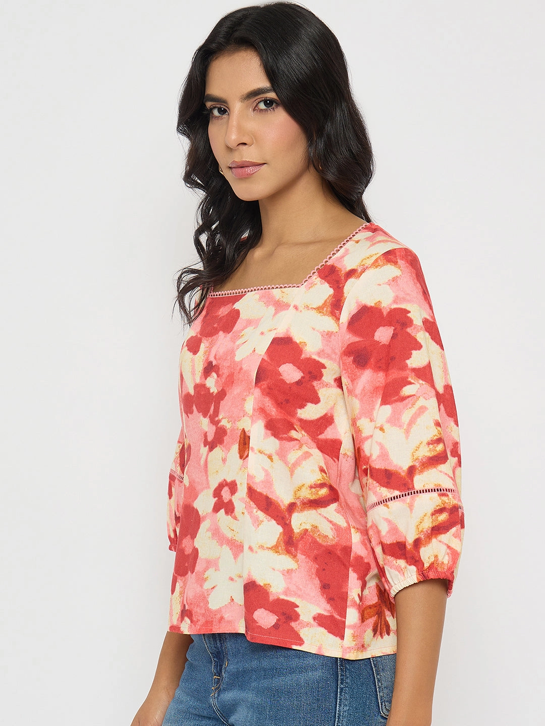 Madame Floral Print Square Neck Coral Top Stylish T-shirt Soft Touch Blend