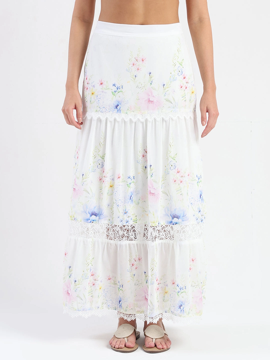 Madame Floral Print Tiered White Maxi Skirt Fashion Combo Polka Dot