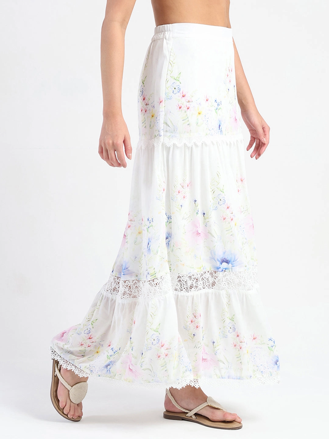 Opaque finish Madame Floral Print Tiered White Maxi Skirt