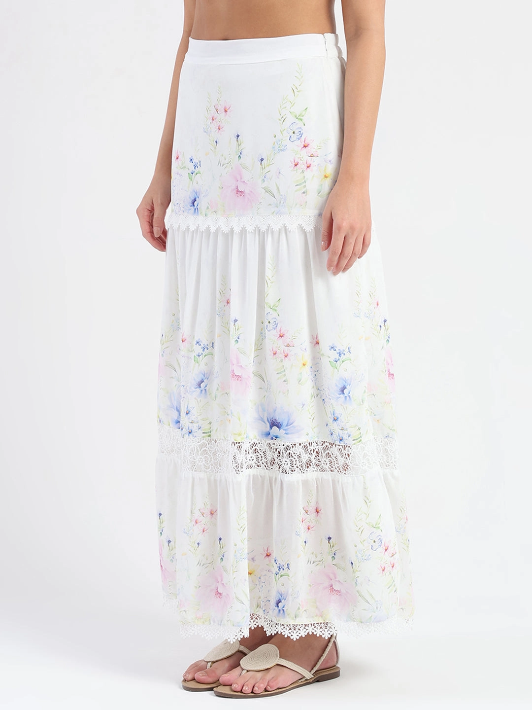 Madame Floral Print Tiered White Maxi Skirt Mood Outfit Comfy Look