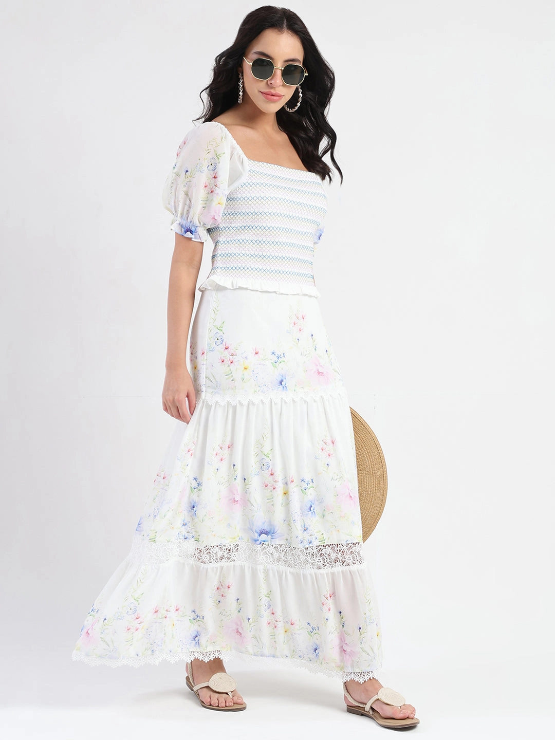 Madame Floral Print Tiered White Maxi Skirt Simple looks Light Edge