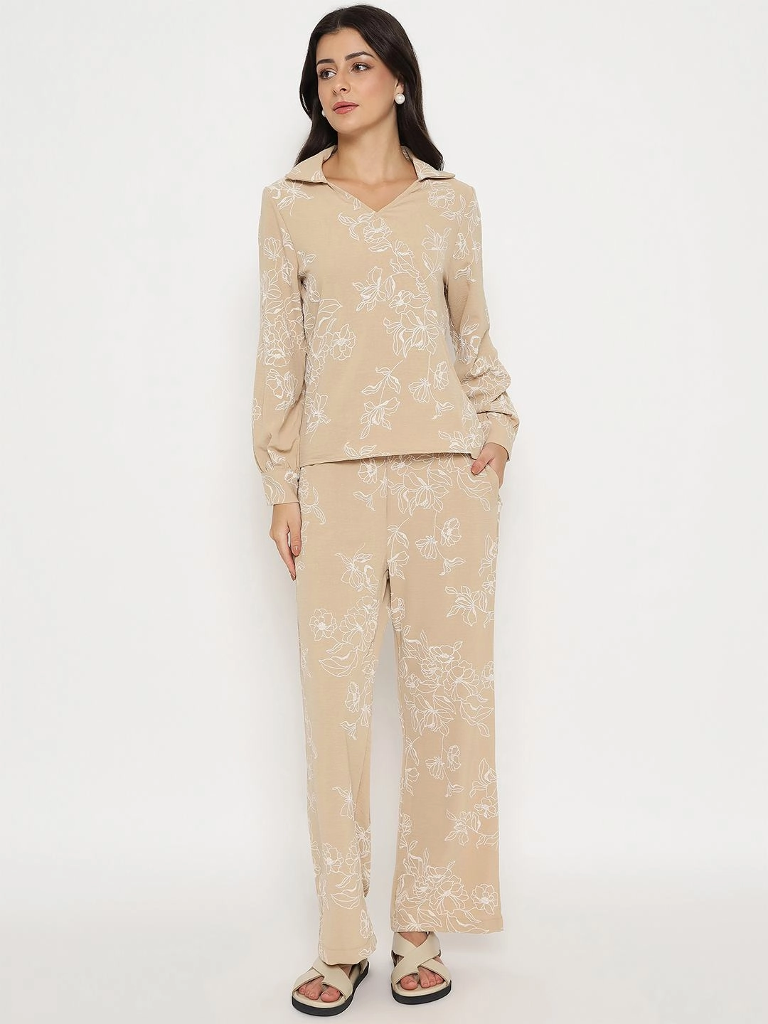 Relaxed Waist Day Love Madame Floral Print Top and Bottoms Beige Co-ord Set