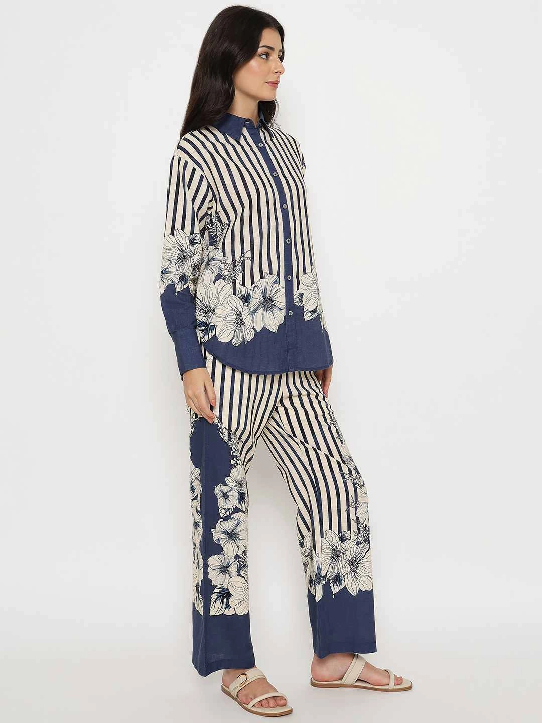 Breezy Comfort Summer Soft Madame Floral Print Top and Bottoms Striped Navy Blue Co-ord Set