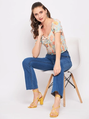 Slim Silhouette ContrastPlacket Madame Floral Sweetheart Neckline Crop Top