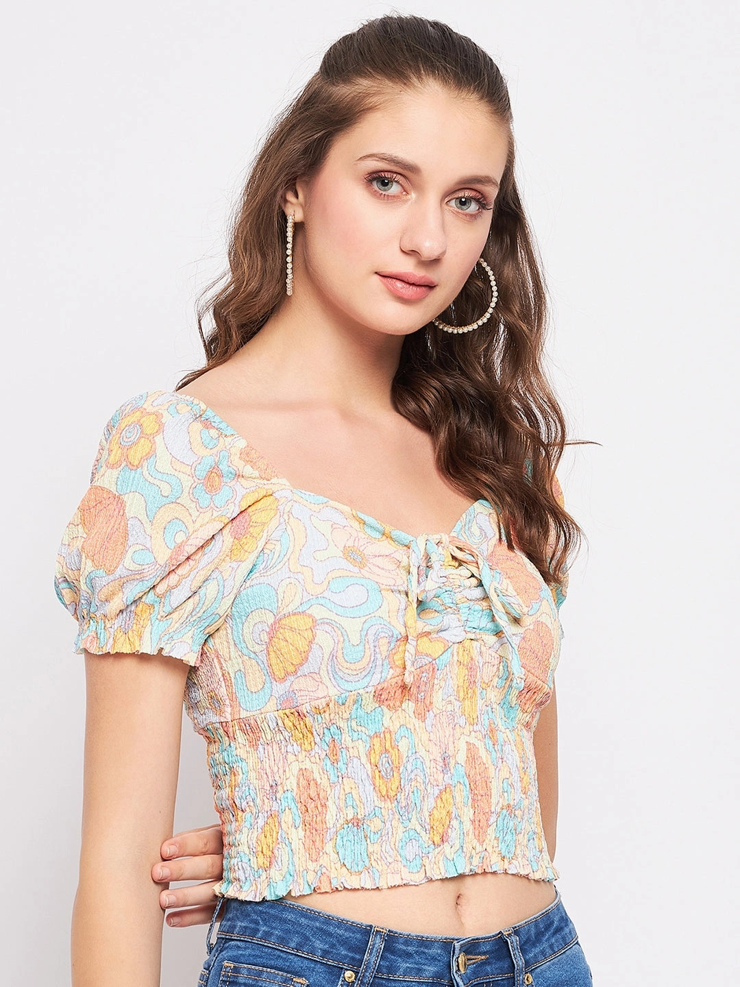 Madame Floral Sweetheart Neckline Crop Top Stain Repellent Coating
