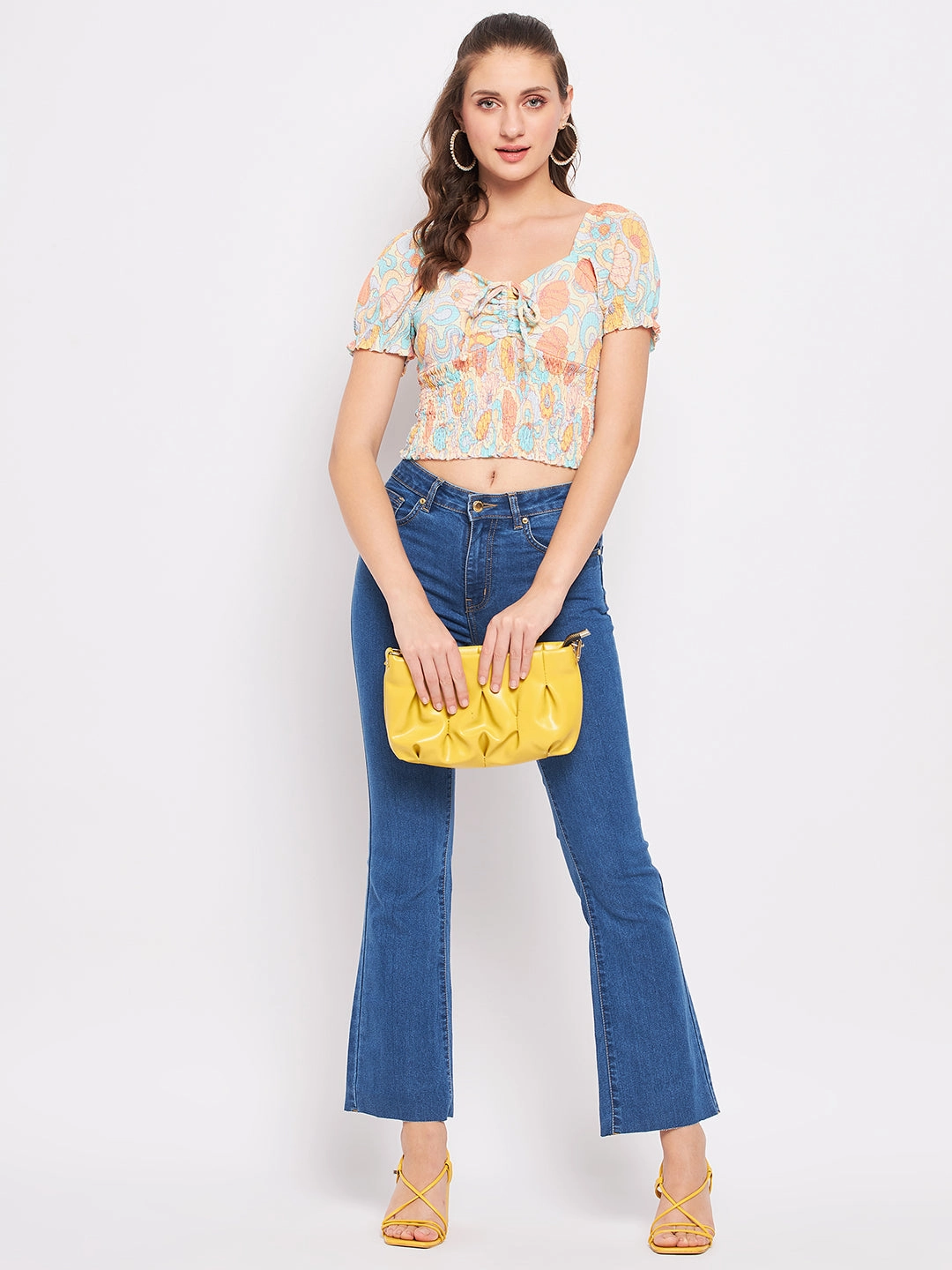 Minimalist Collar Madame Floral Sweetheart Neckline Crop Top