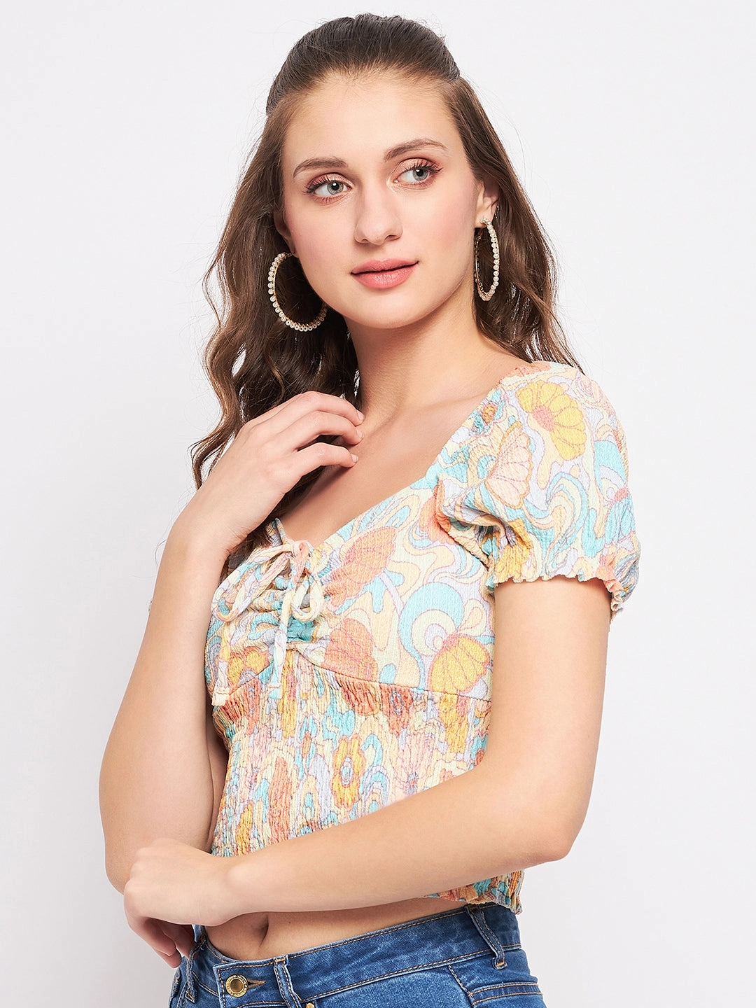 CroppedLength Lightweight pullover Madame Floral Sweetheart Neckline Crop Top