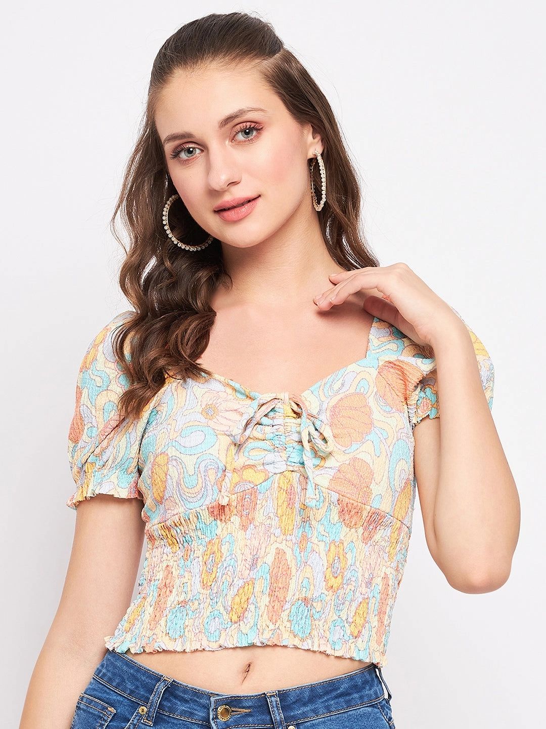 MeshVentilation Madame Floral Sweetheart Neckline Crop Top