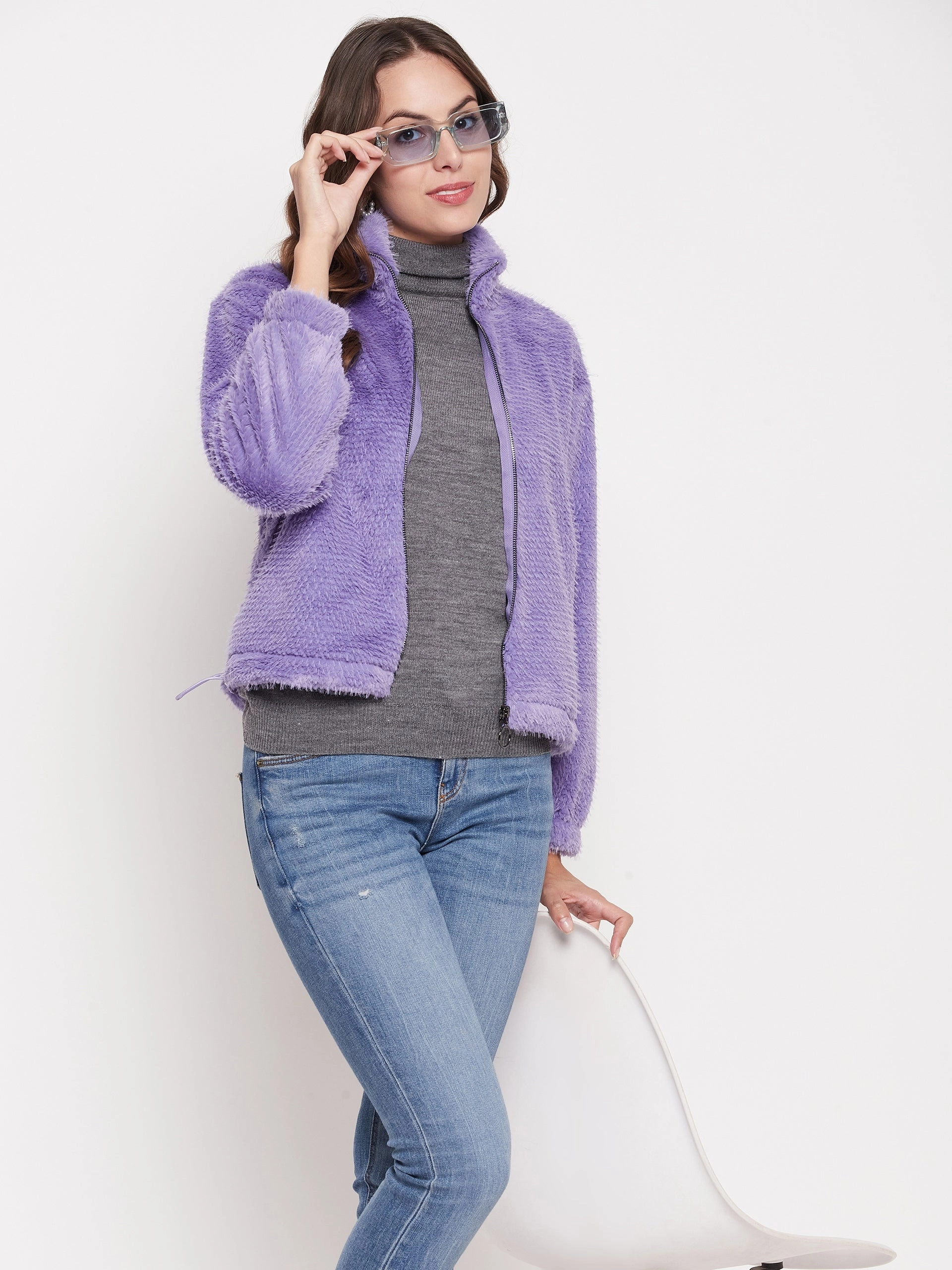 chain accents Front Pocket Madame Fluffy-Knit Lavender Sweatshirt