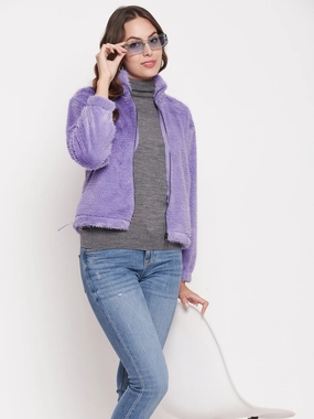 chain accents Front Pocket Madame Fluffy-Knit Lavender Sweatshirt
