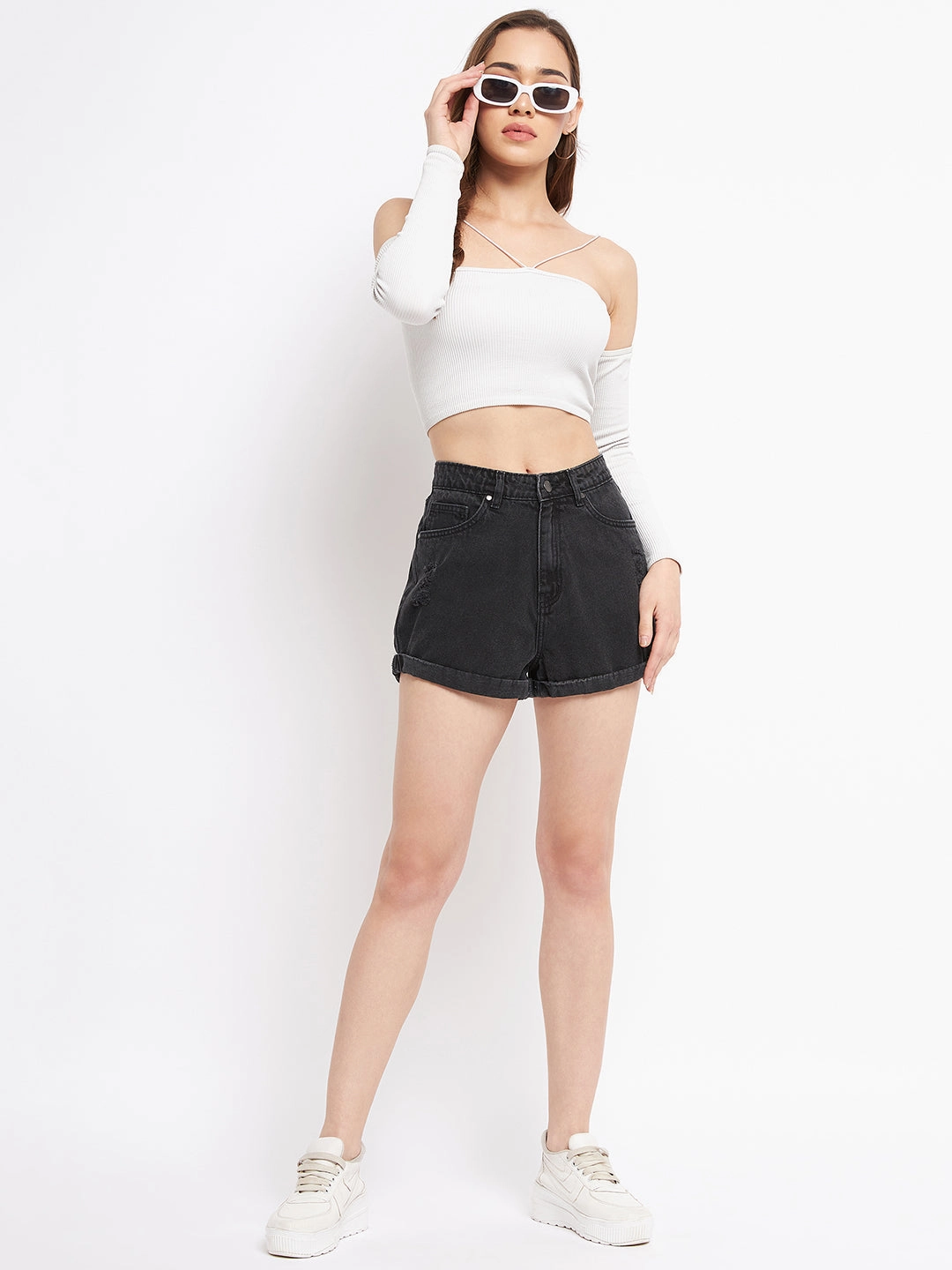 Statement Color Madame Folded Hem Black Denim Shorts