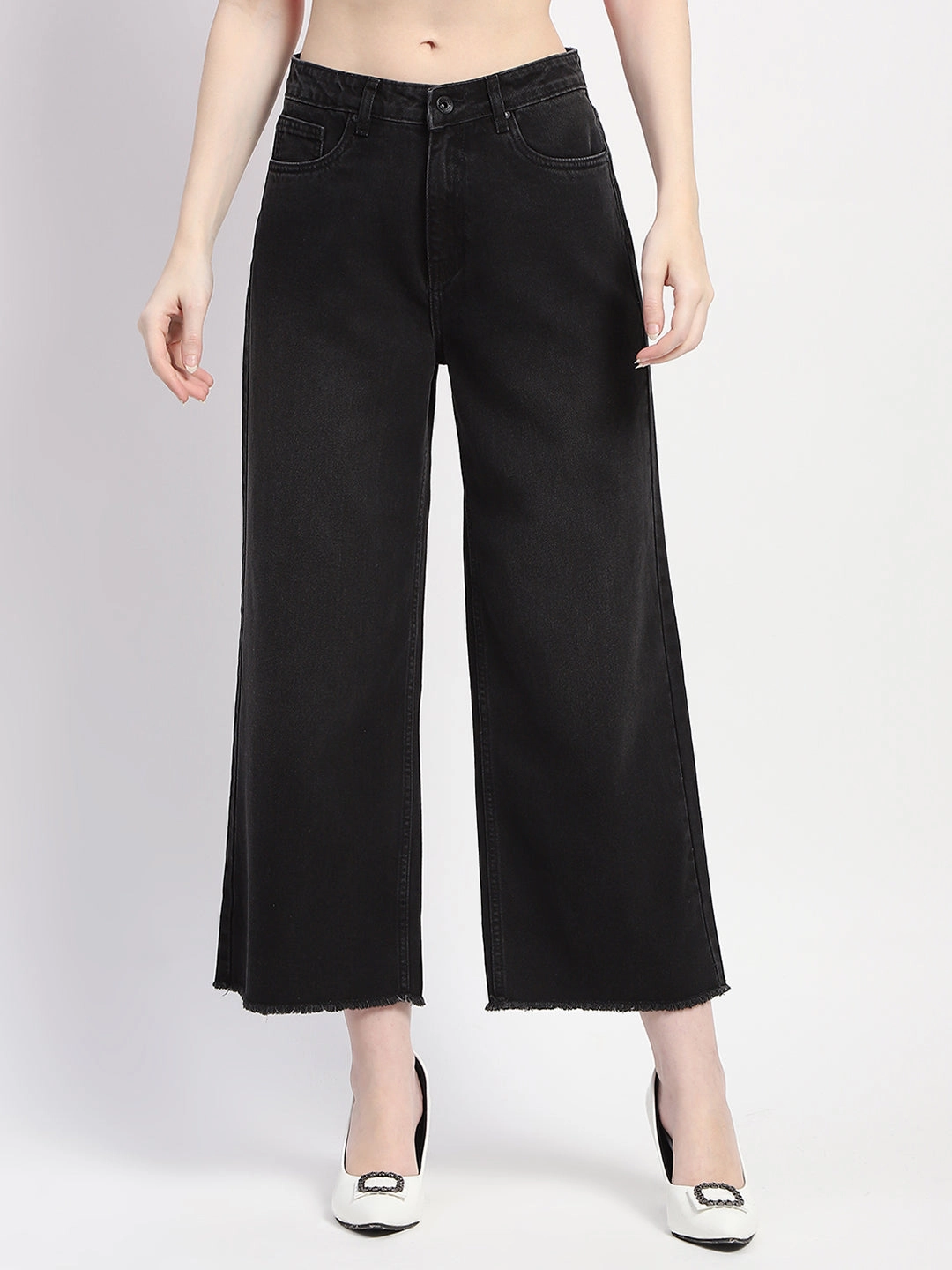 Comfortable Fit Design Chic Design Style Madame Frayed Hem Black Flared Denim