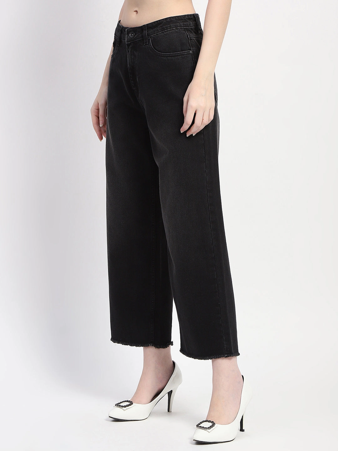 Pre Washed Denim Day To Day Madame Frayed Hem Black Flared Denim