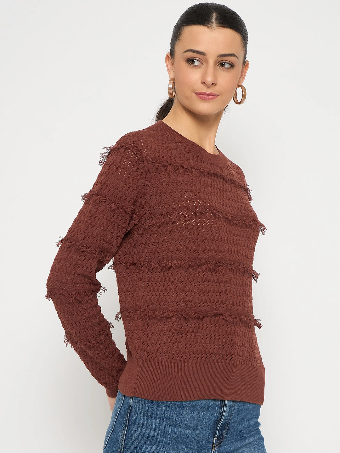 Madame Fringe Textured Chocolate Brown Cotton Sweater Bias Cut Hem Details