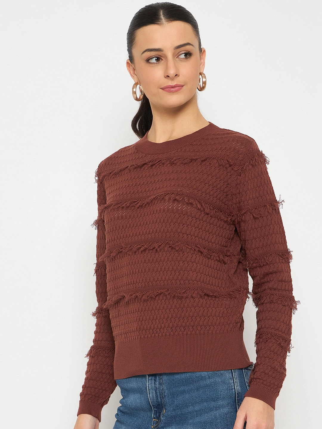 All Day Comfort Design Madame Fringe Textured Chocolate Brown Cotton Sweater
