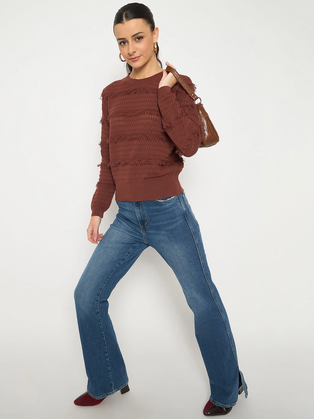 Zero Waste Manufacturing Active Style Madame Fringe Textured Chocolate Brown Cotton Sweater
