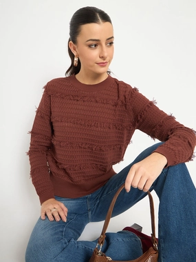 Chill Vibe Minimalist Look Madame Fringe Textured Chocolate Brown Cotton Sweater