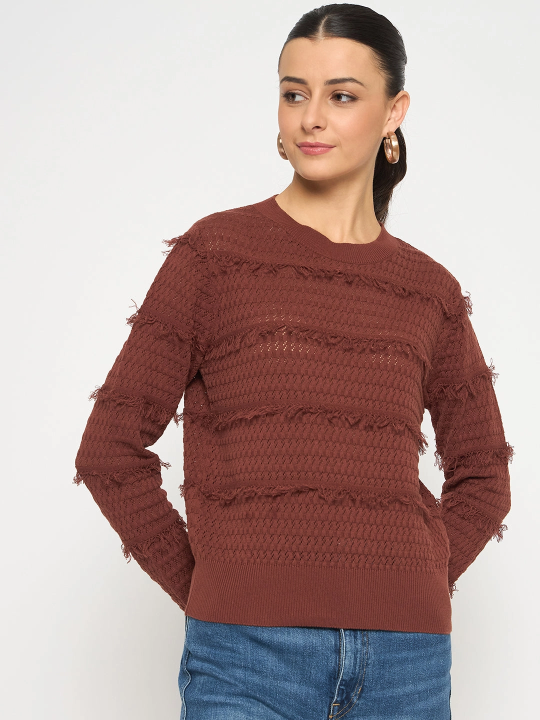 Madame Fringe Textured Chocolate Brown Cotton Sweater Knit Essentials