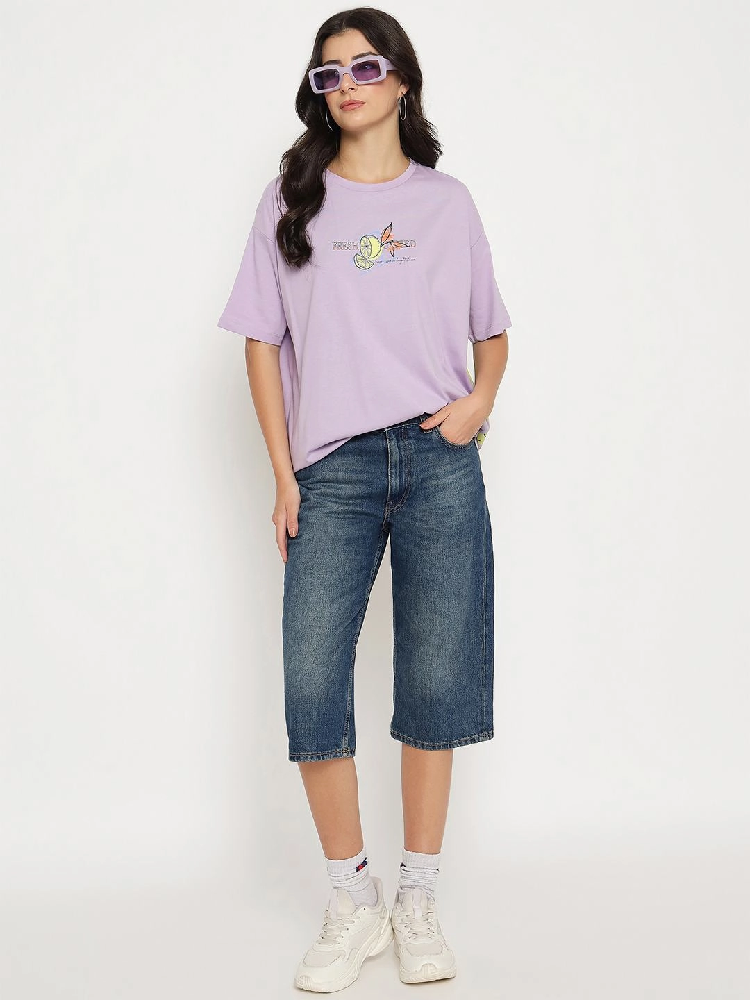 Layered Style Crew Neck Design Madame Front and Back Graphic Print Lilac Cotton T-Shirt