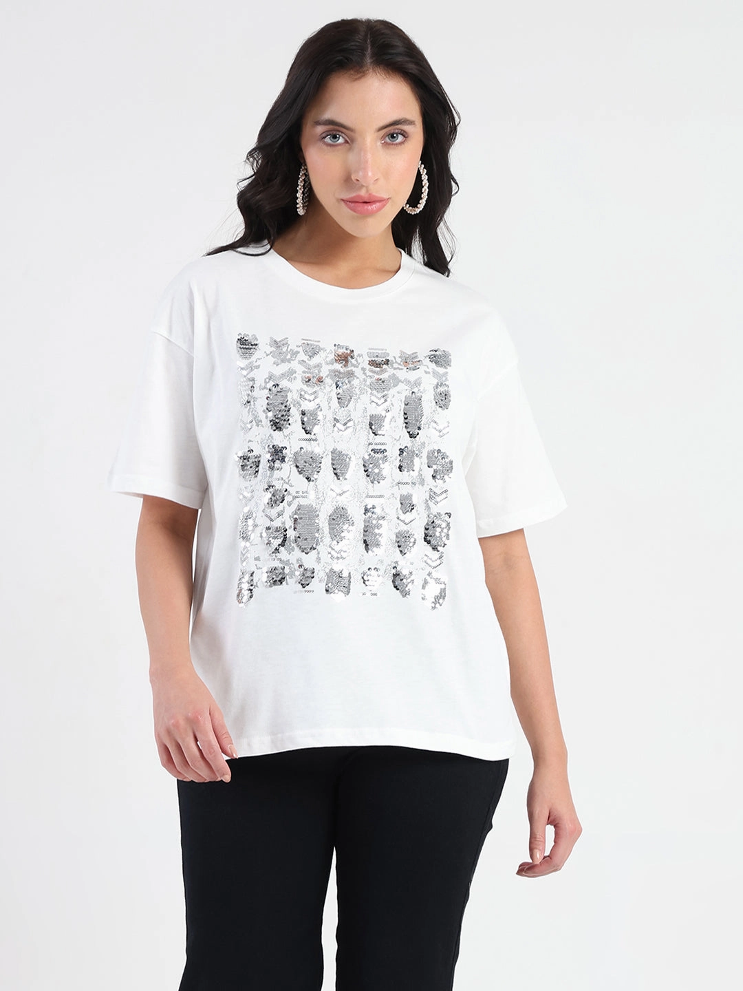 TexturedWeavePattern Madame Front Embellished Solid White Cotton T-shirt
