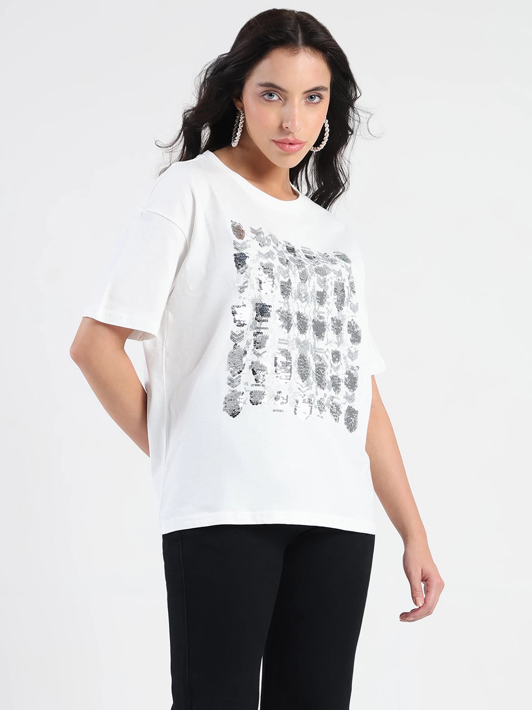 Madame Front Embellished Solid White Cotton T-shirt Everyday Comfort Style Fashionable