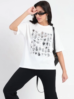 Moisture wicking Madame Front Embellished Solid White Cotton T-shirt