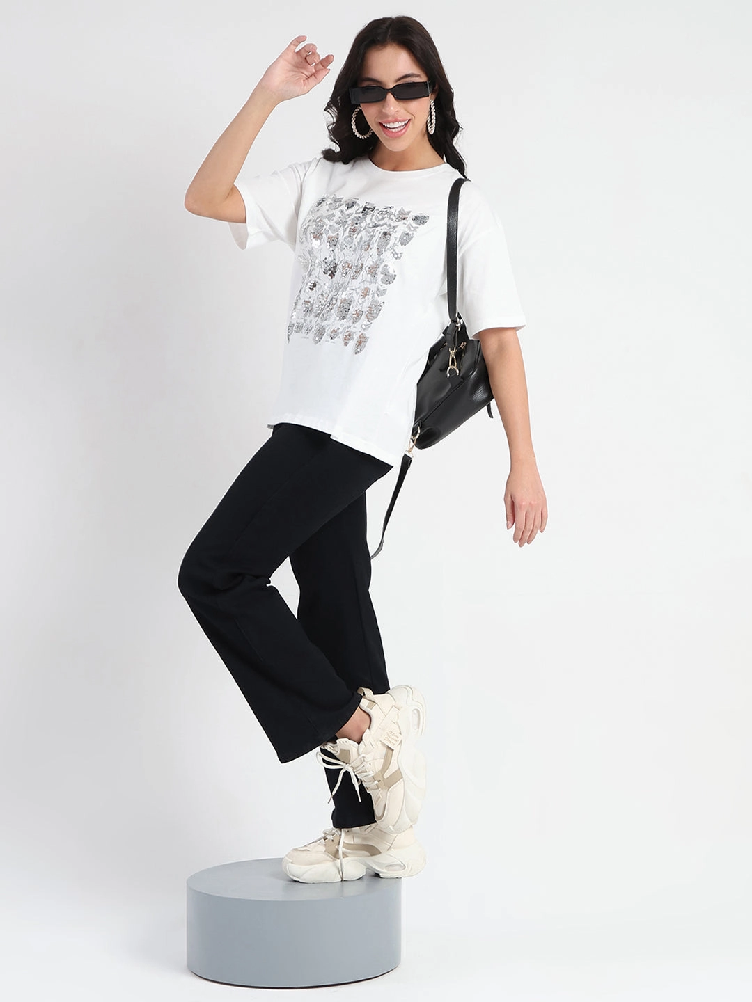 Cozy Fit Wear Madame Front Embellished Solid White Cotton T-shirt