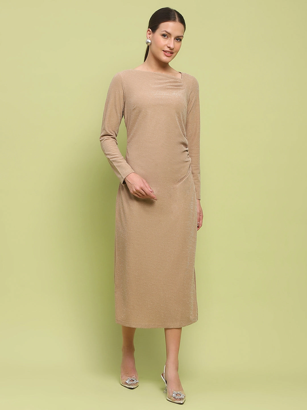 Madame Front Ruched Self Design Golden Knit Maxi Dress Fresh Outfit Smooth Design