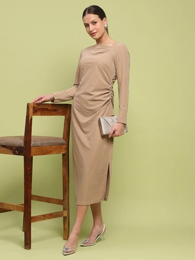Sleeveless Madame Front Ruched Self Design Golden Knit Maxi Dress