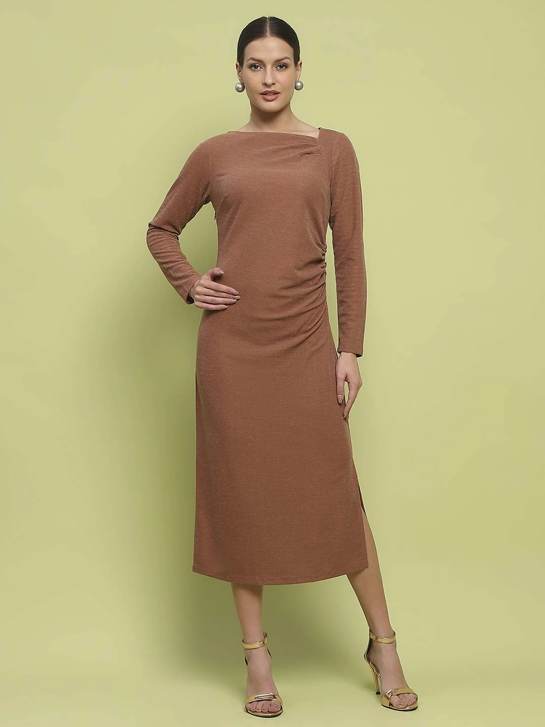 Signature-Style Madame Front Ruched Self Design Rust Red Knit Maxi Dress