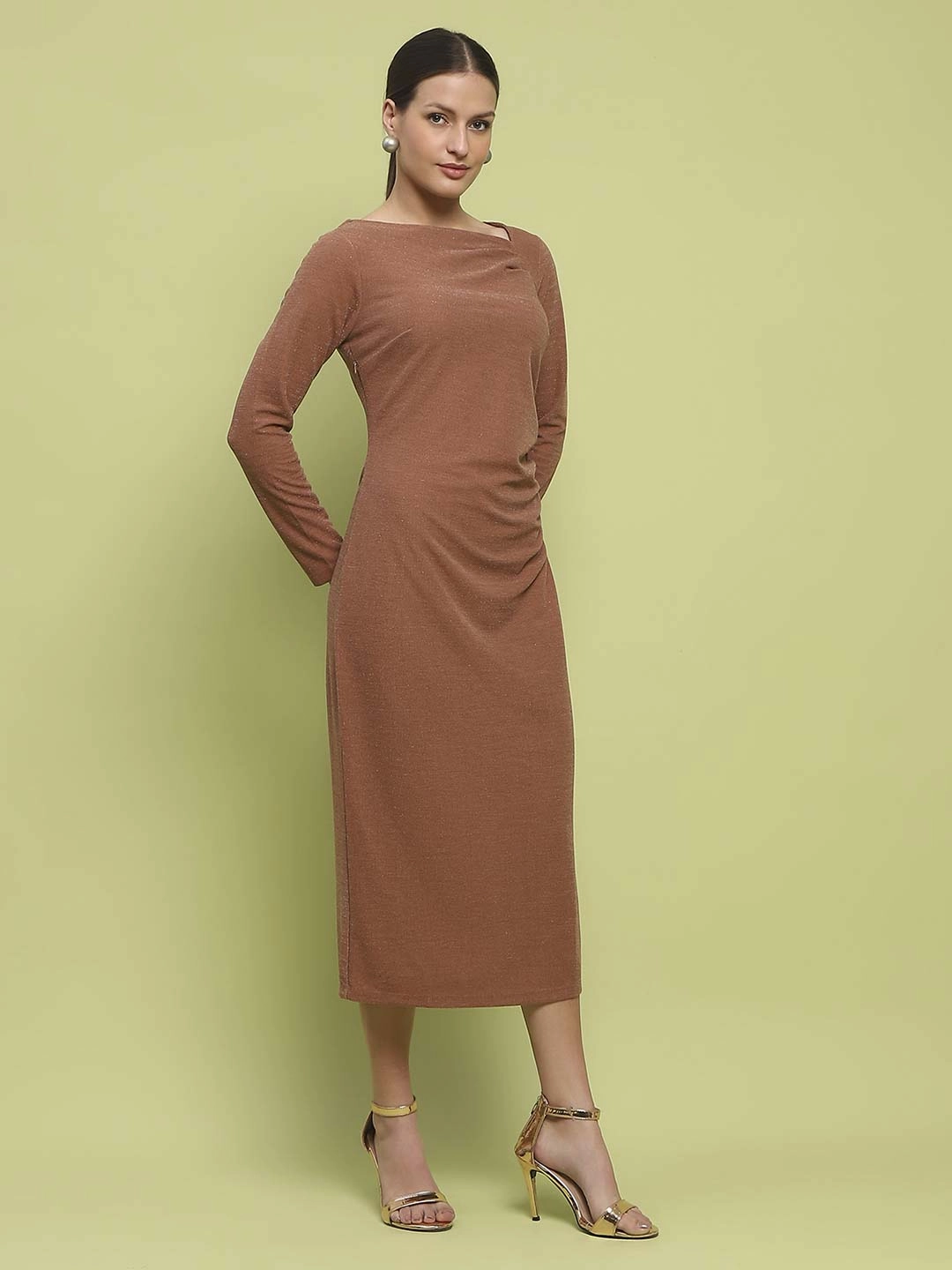Madame Front Ruched Self Design Rust Red Knit Maxi Dress Summer Mood