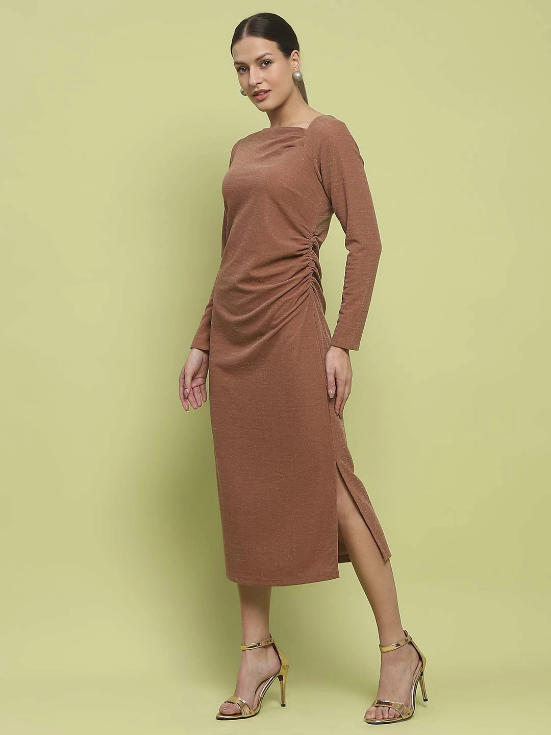 Wool-Blend Korean Trend Madame Front Ruched Self Design Rust Red Knit Maxi Dress
