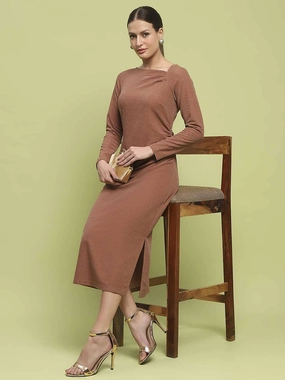Madame Front Ruched Self Design Rust Red Knit Maxi Dress Fitted Style garden wedding