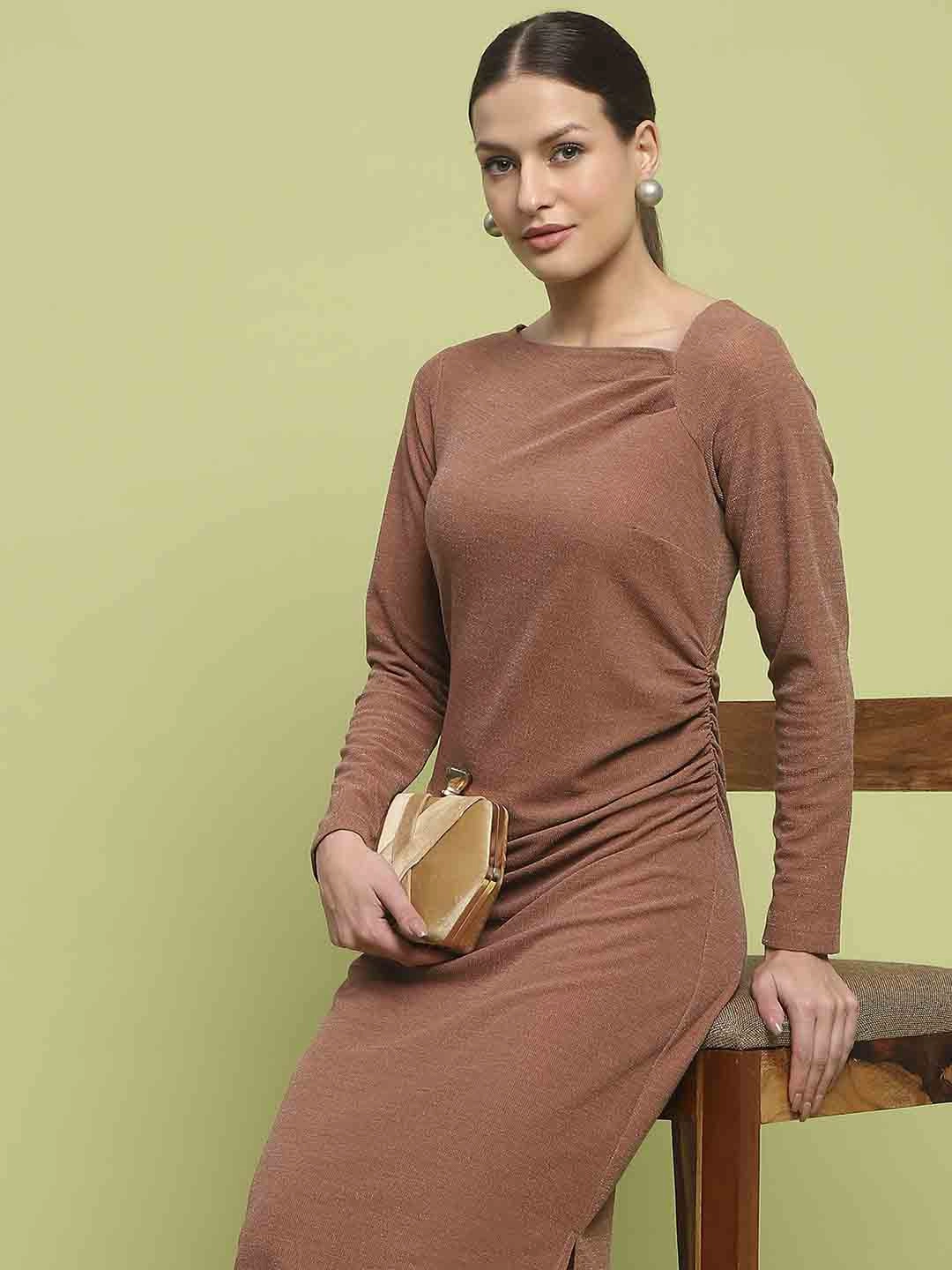 Timeless Soft Smart Waistband Fit Madame Front Ruched Self Design Rust Red Knit Maxi Dress