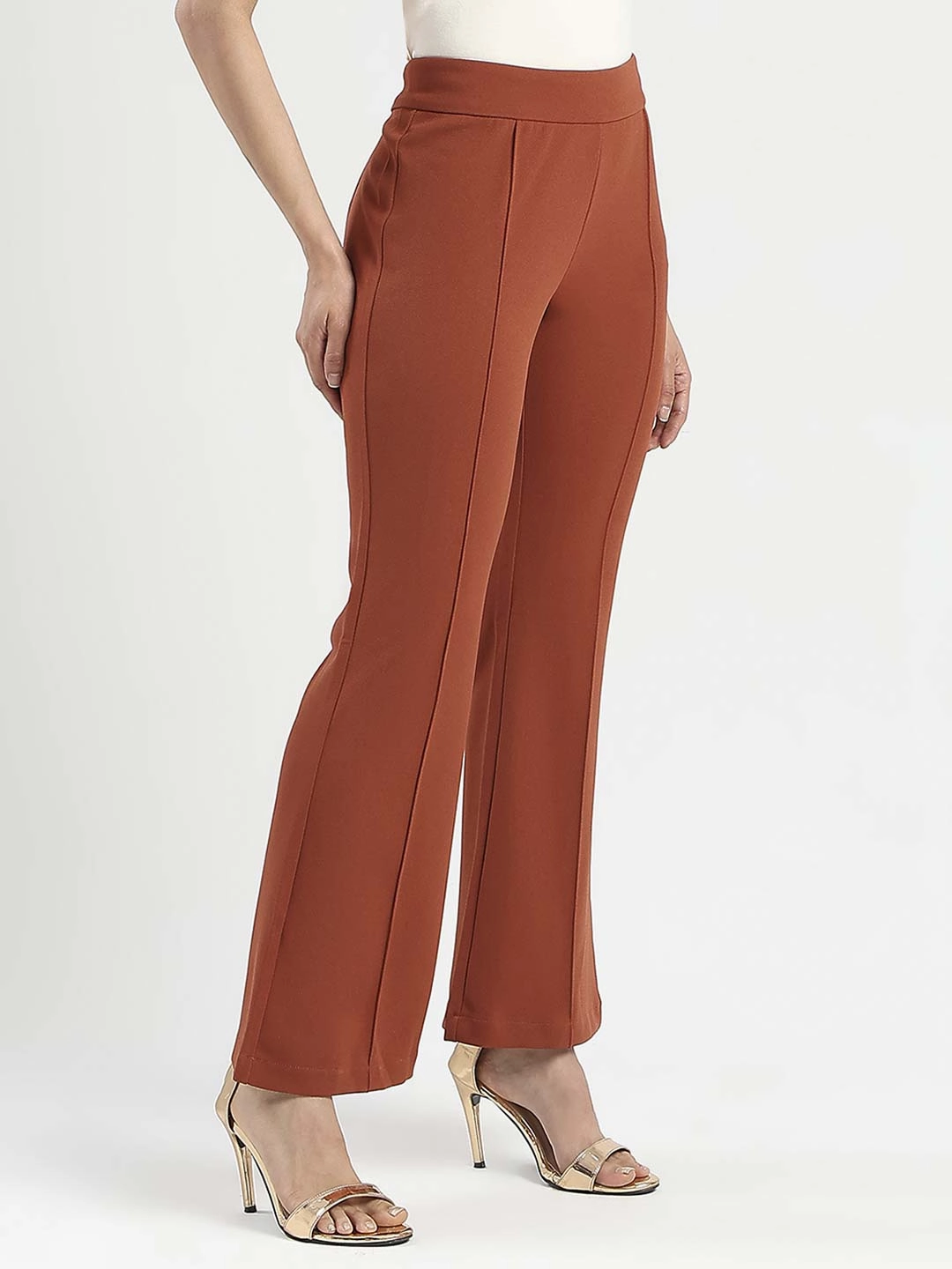 Madame Front Seam Detail Rust Red Wide Leg Trousers Anti Static Cloth Blend