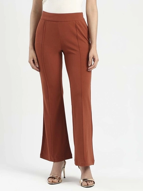 WrinkleResistant Cloth Layered Neckline Madame Front Seam Detail Rust Red Wide Leg Trousers