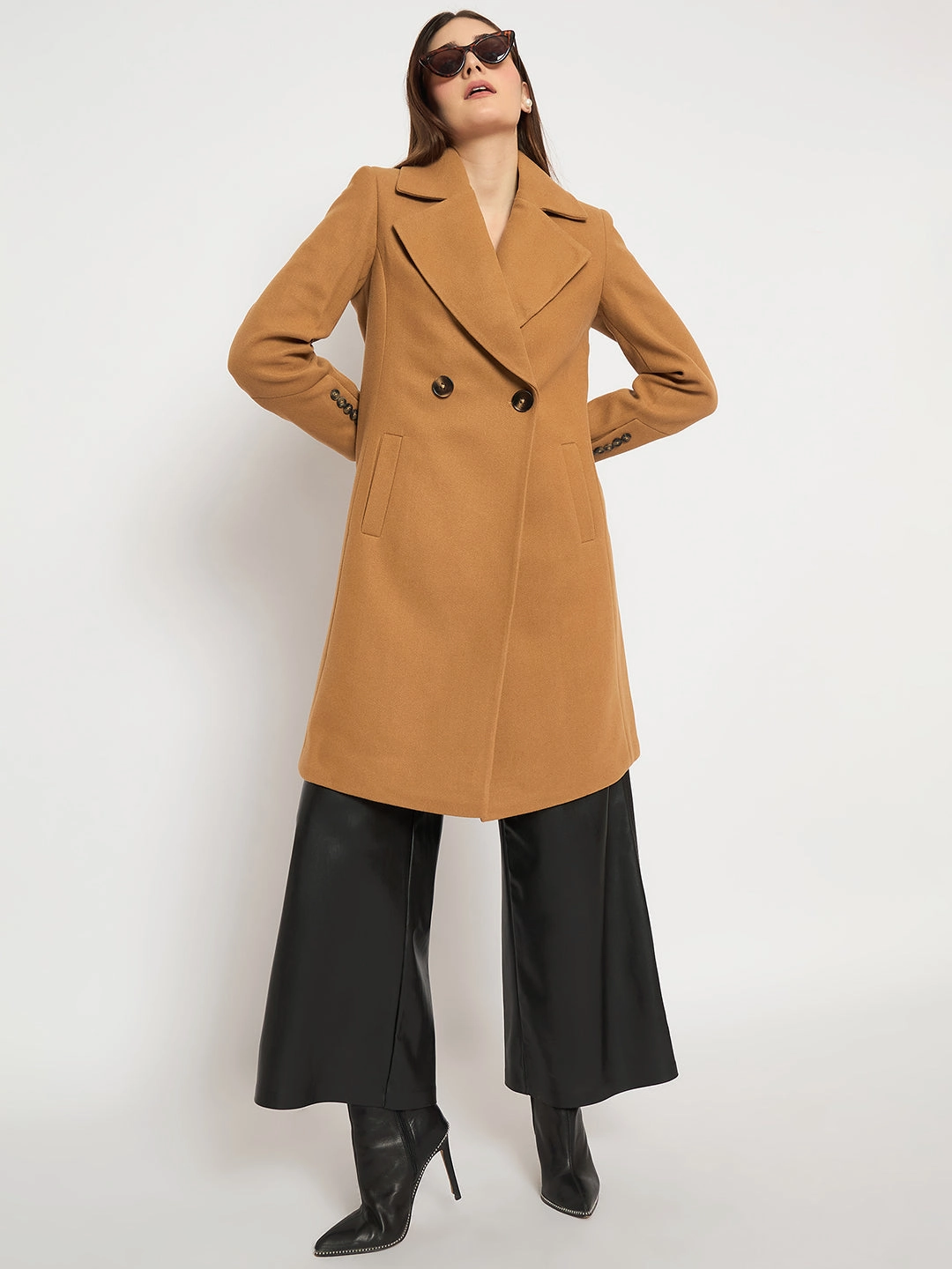 Madame Front Welt Pocketed Double Breasted Khaki Long Coat Fade Resistant Dye Method