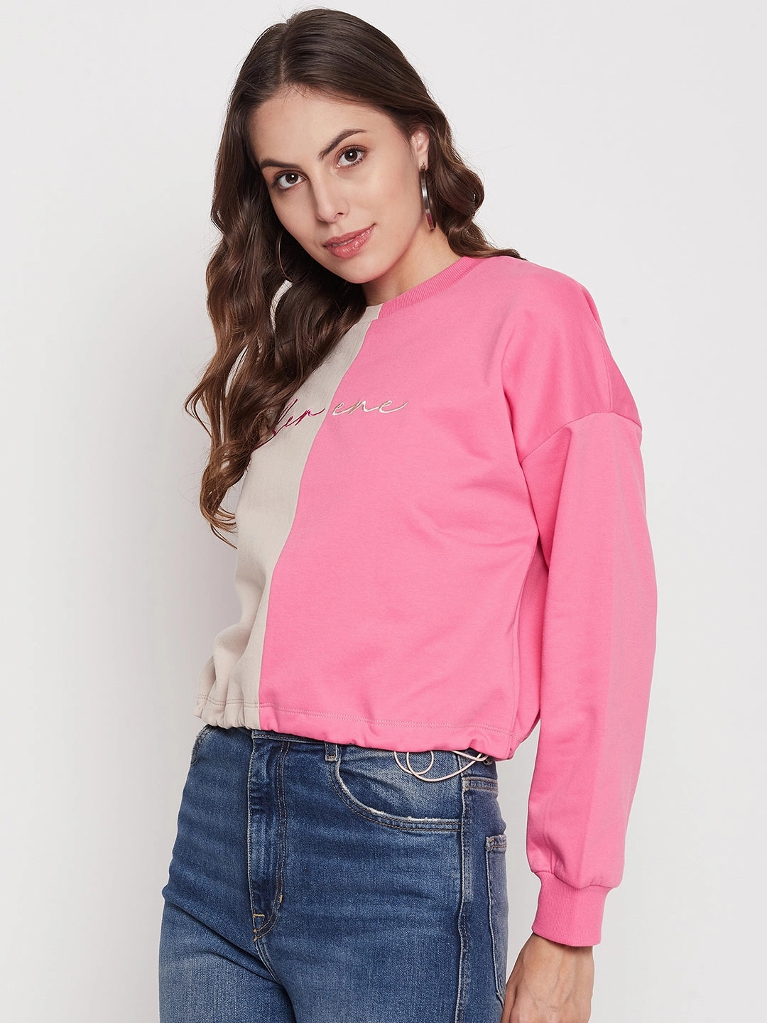 Soft Feel Comfortable Madame Fuchsia Pink Color Block Sweatshirt