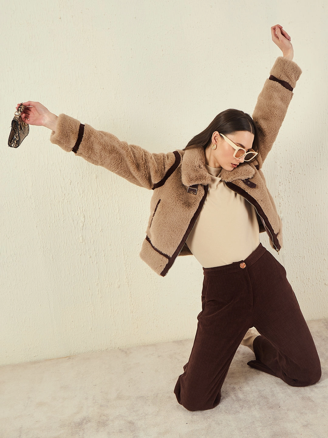 Madame Funnel Neck Full Sleeve Seam Detailed Solid Beige Knitted Top Versatile Layering Piece Stay Cool Technology