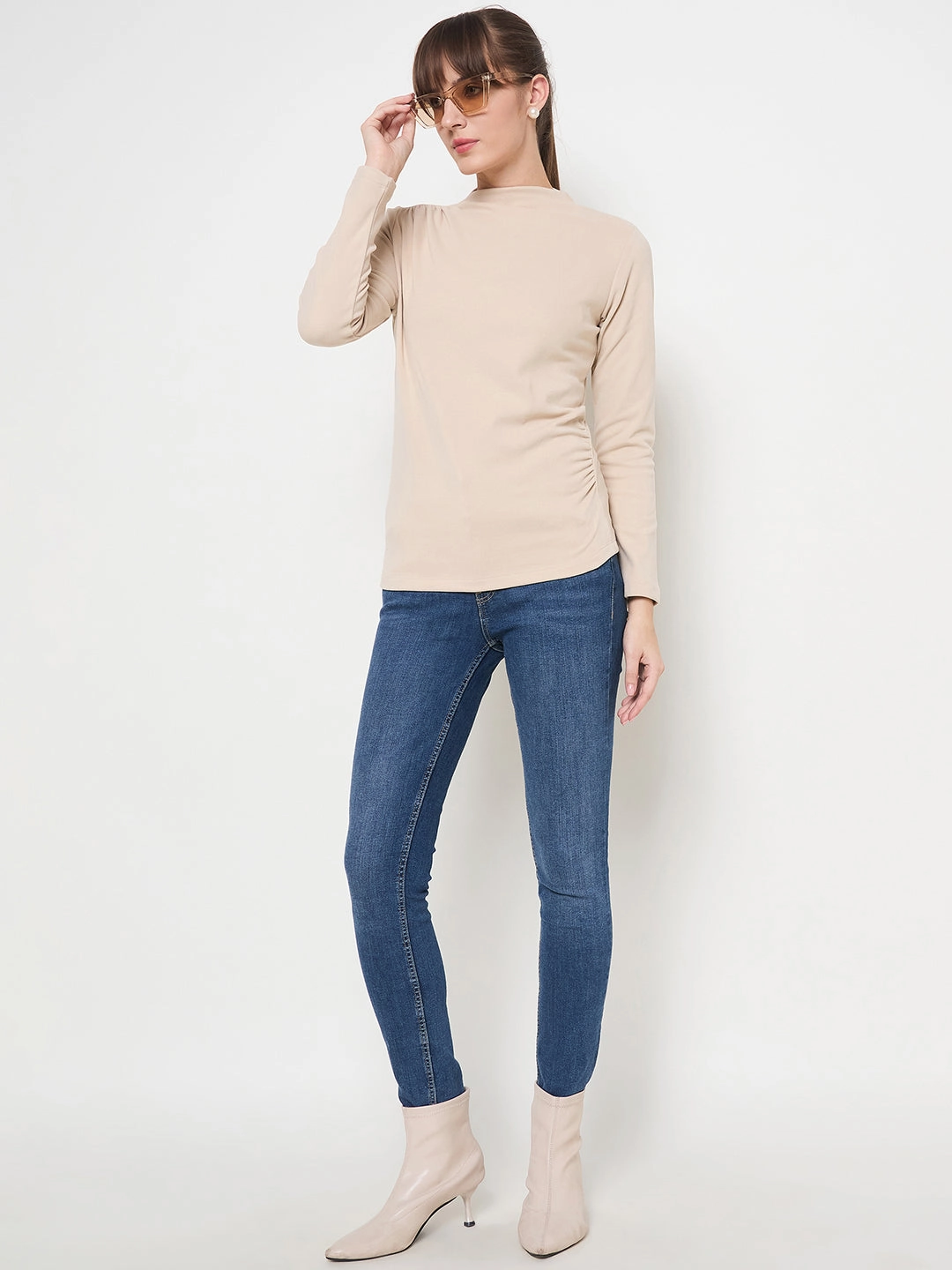 Daily Wear Madame Funnel Neck Full Sleeve Seam Detailed Solid Beige Knitted Top