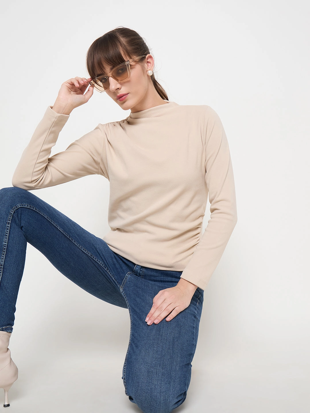 Madame Funnel Neck Full Sleeve Seam Detailed Solid Beige Knitted Top Trendy Look