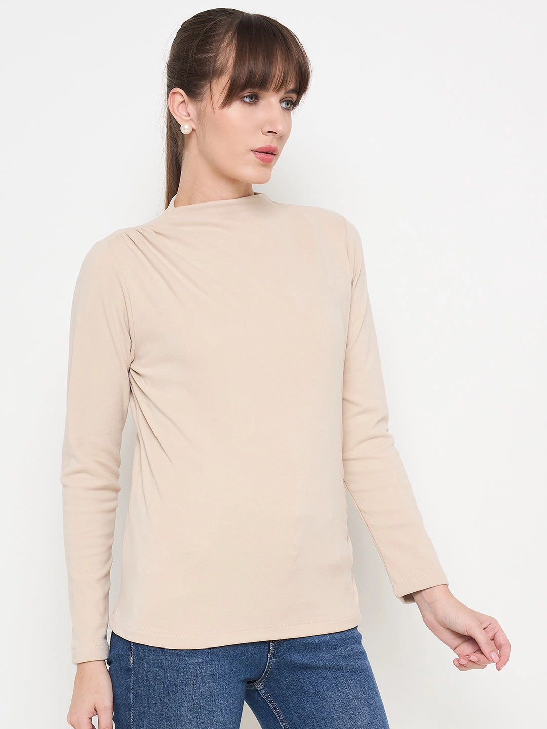TaglessDesign Madame Funnel Neck Full Sleeve Seam Detailed Solid Beige Knitted Top