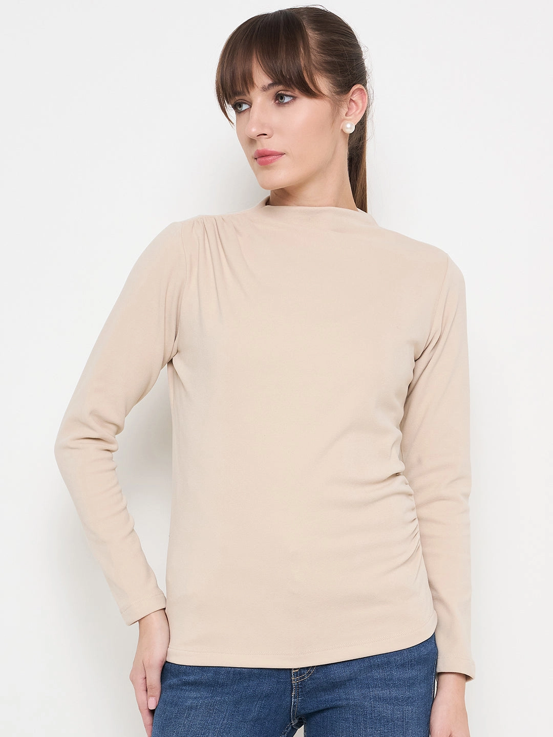 Anti Static Weave Technology Overlock Edging Madame Funnel Neck Full Sleeve Seam Detailed Solid Beige Knitted Top