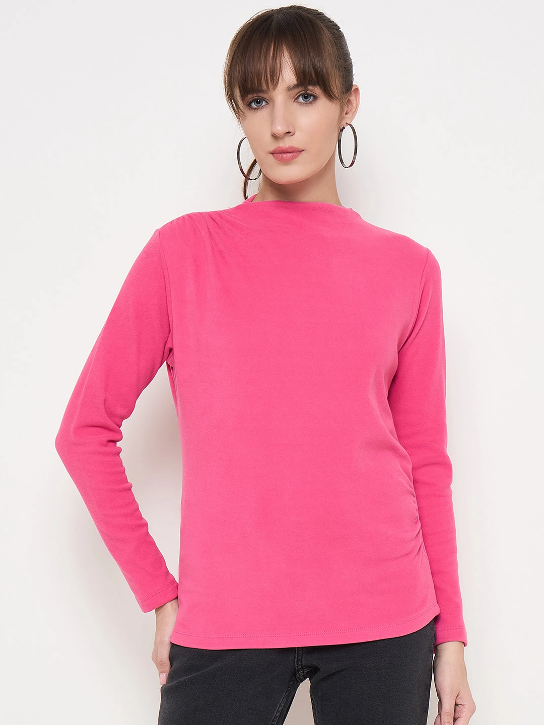 Contrast Stitch Detailing Durable Hem Stitching Madame Funnel Neck Full Sleeve Seam Detailed Solid Pink Knitted Top