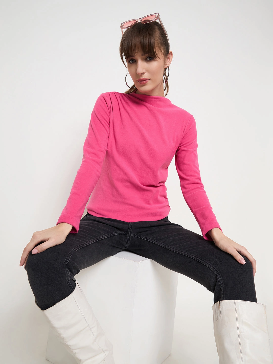 ZeroWastePattern Madame Funnel Neck Full Sleeve Seam Detailed Solid Pink Knitted Top
