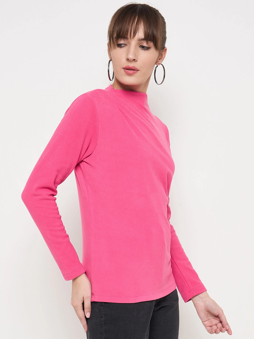 Madame Funnel Neck Full Sleeve Seam Detailed Solid Pink Knitted Top CrossBackDesign Bohemian style